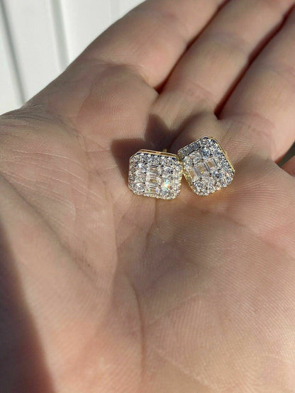 Moissanite Iced Gold Vermeil Baguette HipHop Earrings Studs Pass Diamond Tester
