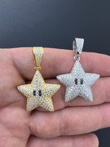 Moissanite Iced Mario Super Star 925 Silver /14k Gold Plated Pendant Necklace