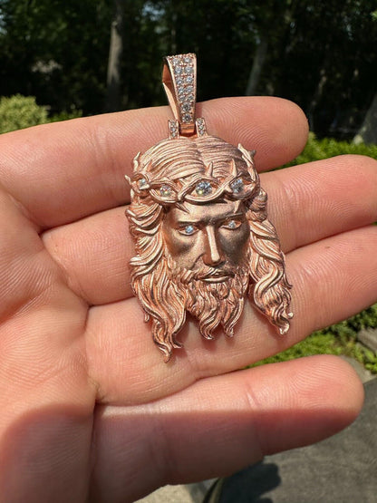 MOISSANITE PENDANT Jesus Face CHARM, 3D Jesus Piece Iced Polished Charm, 14k Gold Vermeil 925 Sterling Silver Sand Blast Finish Men Pendant