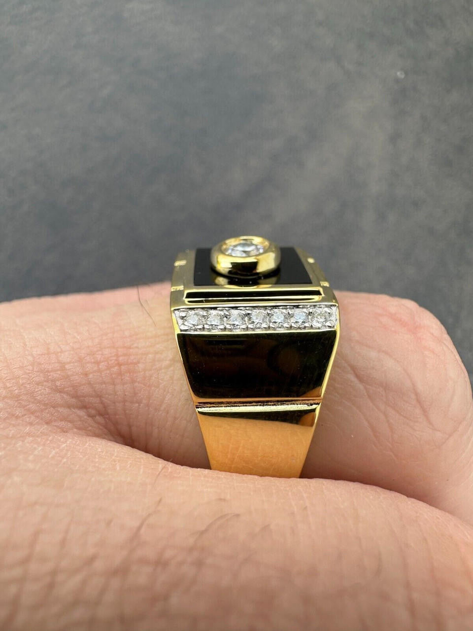 Men's 14k Gold Over Solid 925 Silver Black Onyx Ring ICY Pinky Diamond Sz 7-12 (CZ)