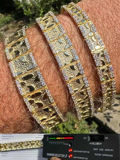 Moissanite Men's Real 14k Gold Plated 925 Silver Iced Nugget Bracelet 8mm-16mm