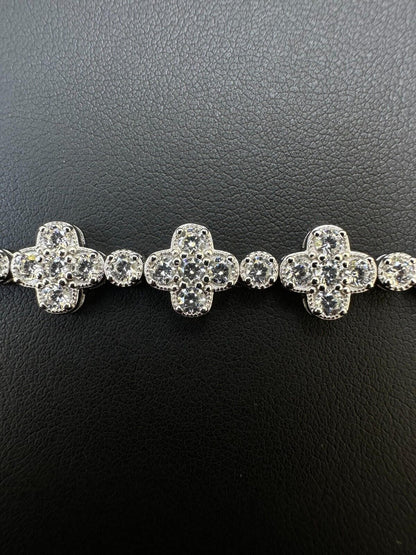 Moissanite Real 925 Silver 10mm Iced Clover Flower Tennis Bracelet Mens Ladies