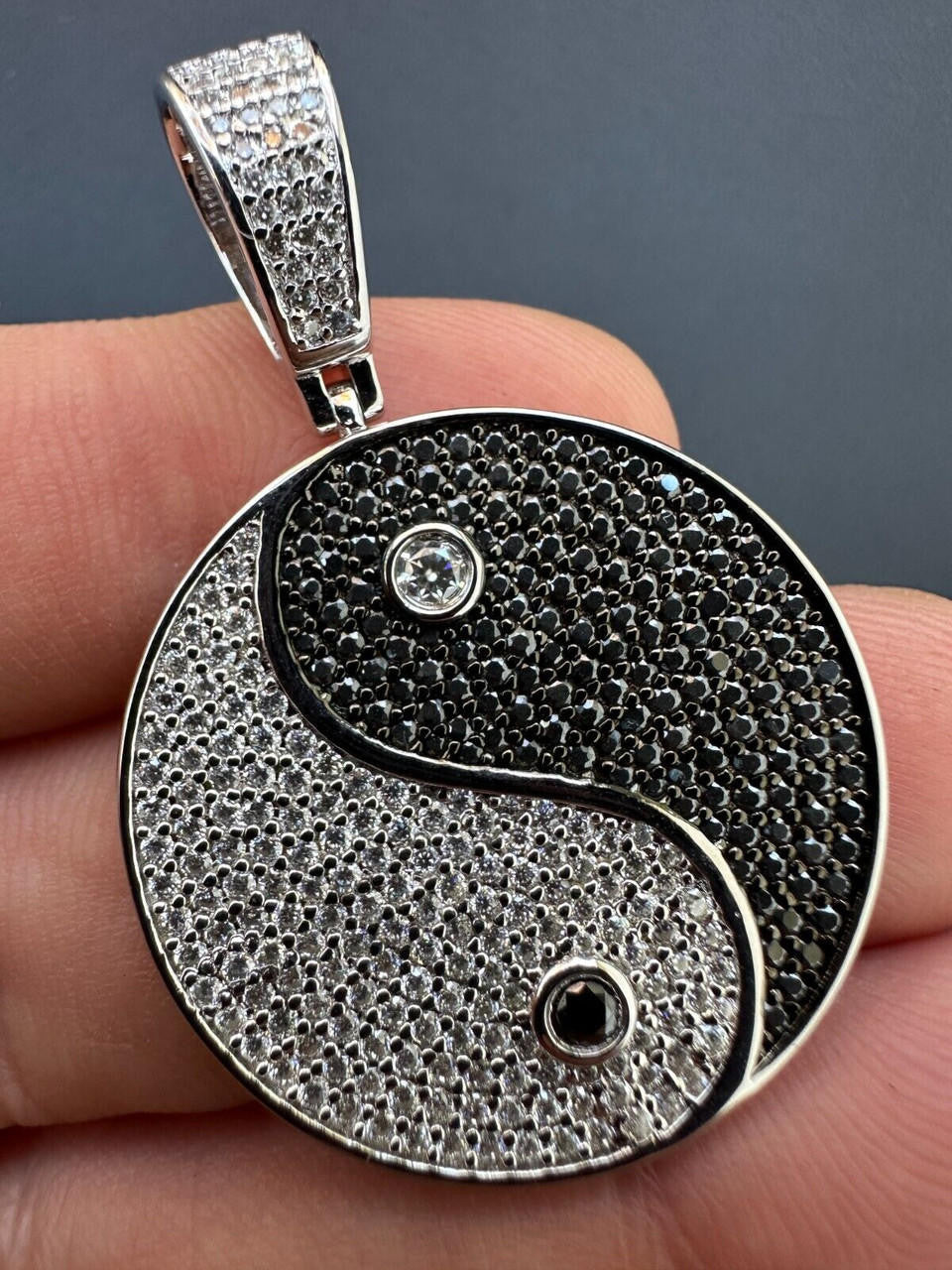 Detailed View Of  14k White Gold Ying Yang Pendant Necklace with White and Black Moissanite Stones