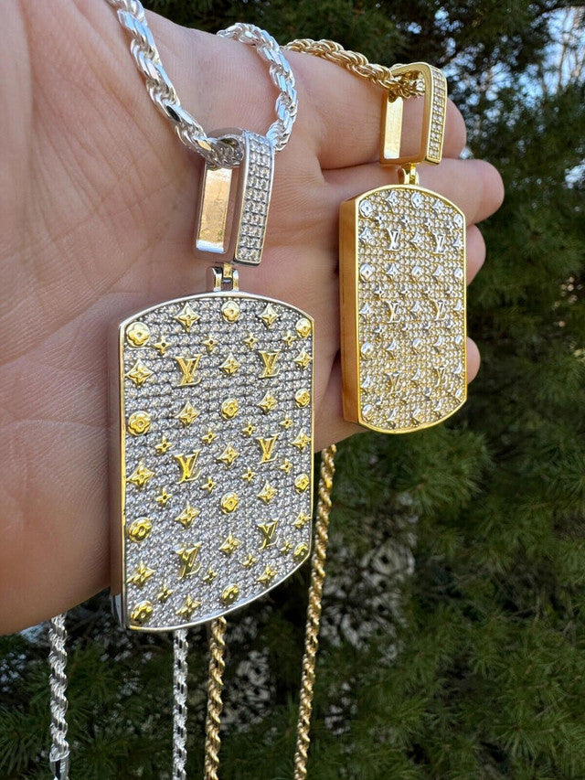 MOISSANITE Real 925 Silver / Gold Louis Iced Out Dog Tag Pendant Hip Hop Necklace