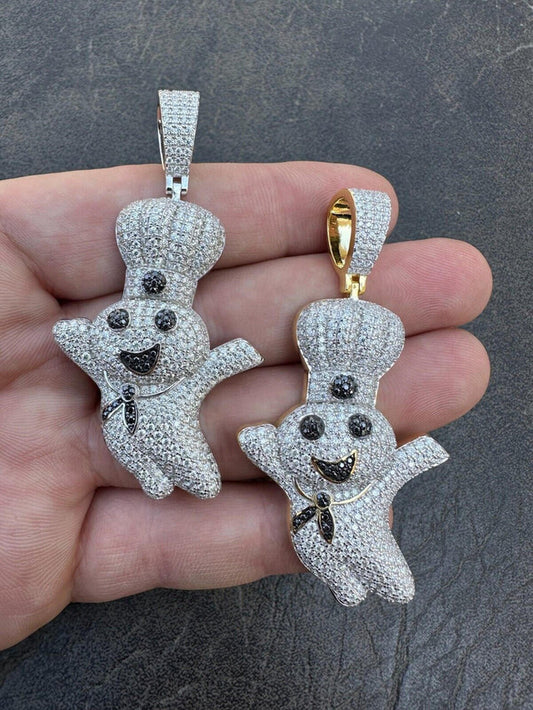 MOISSANITE Real 925 Silver / Gold Pillsbury Doughboy Money Necklace Pendant Iced