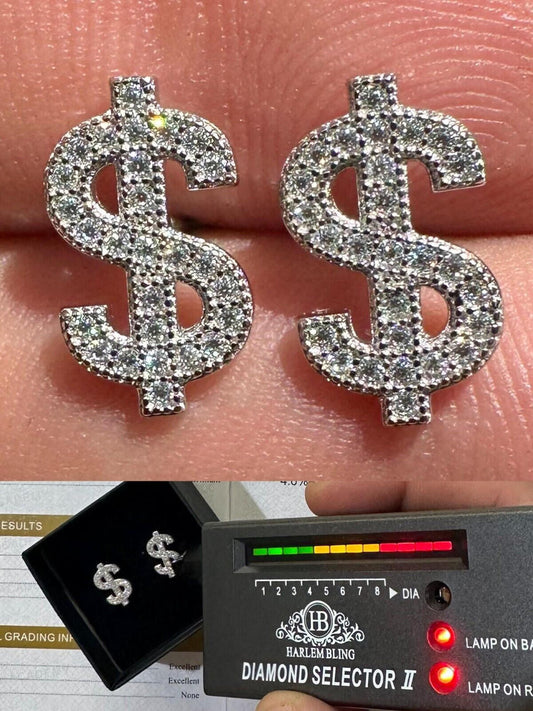 MOISSANITE Real 925 Silver Men Ladies Dollar Sign $ Money Earrings Iced Studs