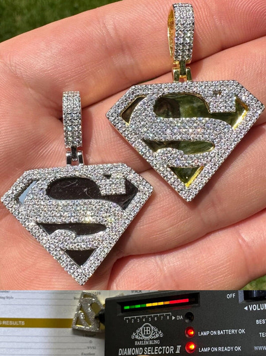 MOISSANITE Real 925 Silver/Gold Plated Iced SUPERMAN Logo Out Pendant Necklace