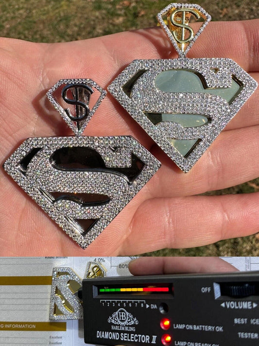 MOISSANITE Real 925 Silver/Gold Plated Iced SUPERMAN Superhero Pendant Necklace