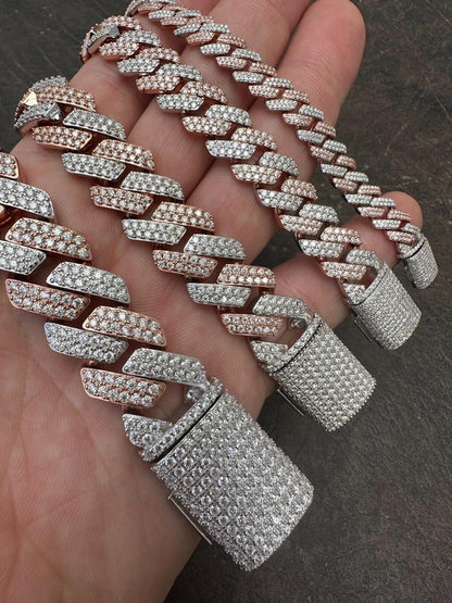 14k Rose & White Gold Iced out Prong Miami Cuban Link Bracelet Two-Tone Diamond Moissanite 925 Sterling Silver Bracelet