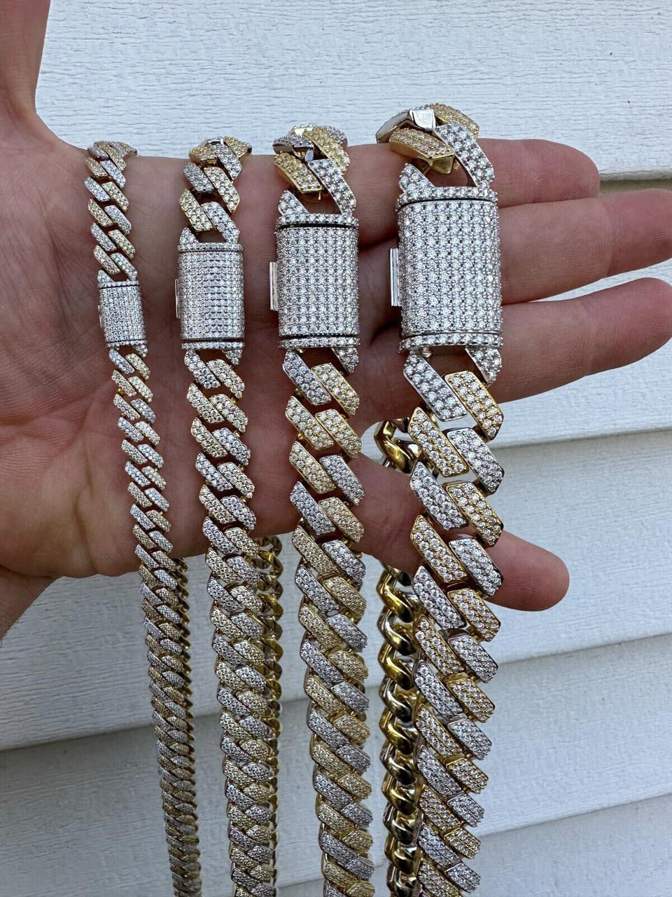 White & Yellow Gold Iced Prong Miami Cuban Link Chain Two Tone VVS Moissanite 925 Sterling Silver Necklace