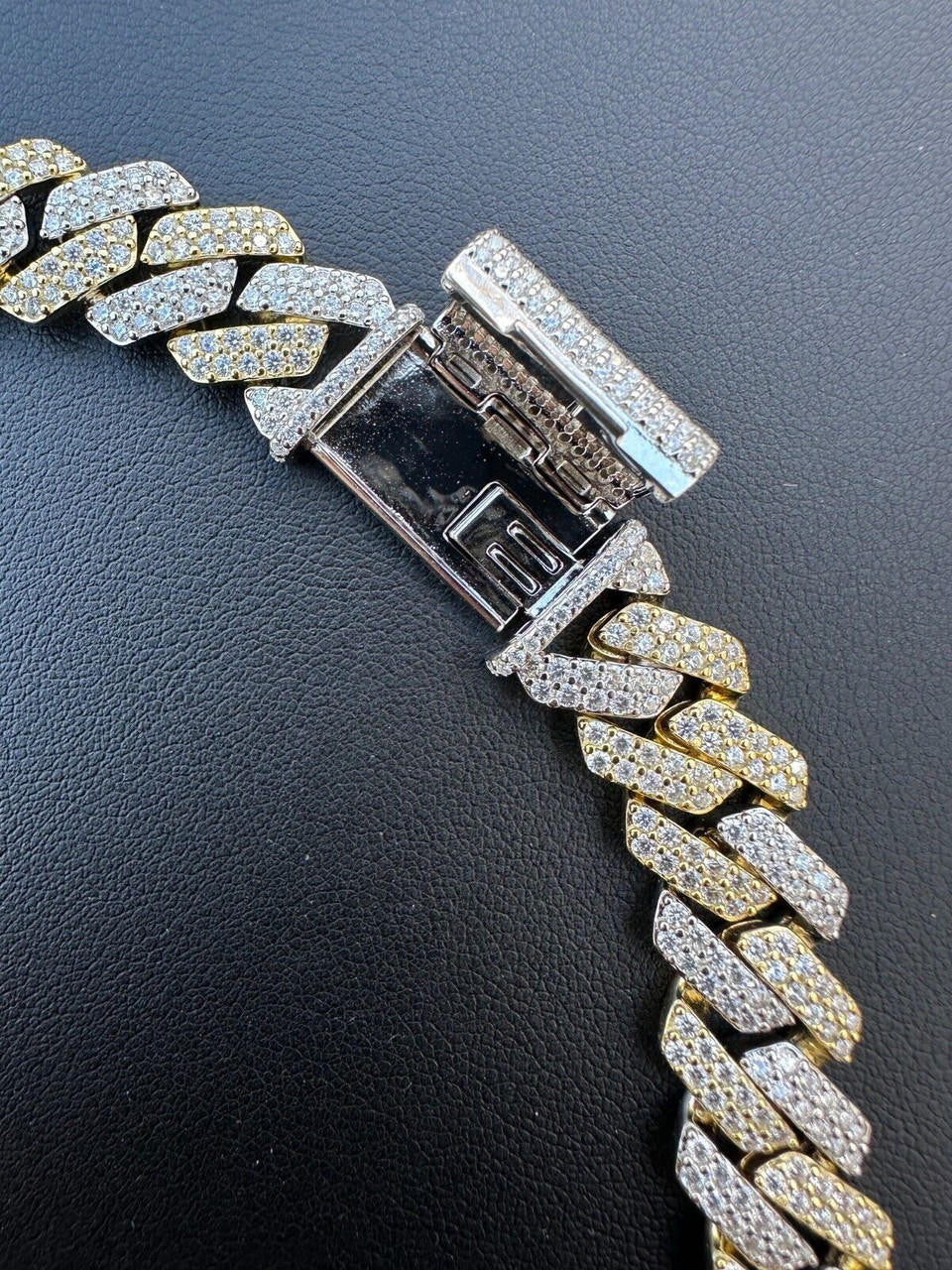 White & Yellow Gold Iced Prong Miami Cuban Link Chain Two Tone VVS Moissanite 925 Sterling Silver Necklace