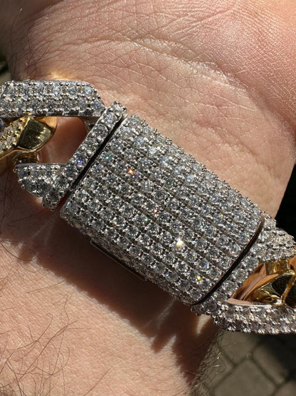 14k Yellow & White Gold Iced out Prong Miami Cuban Link Bracelet Two-Tone Diamond Moissanite 925 Sterling Silver Bracelet