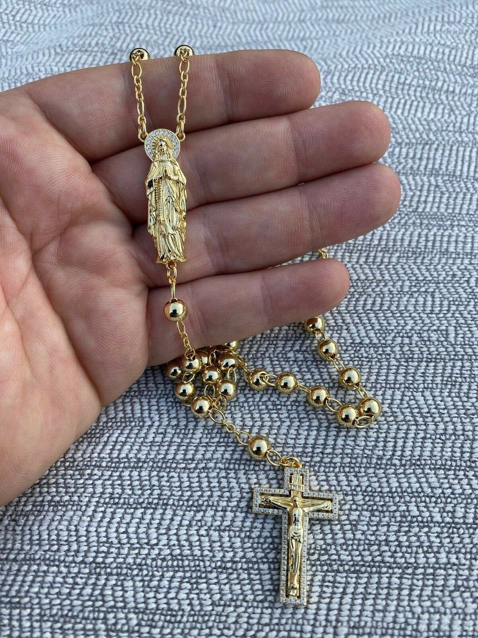 Men's Rosary Beads Necklace 14k Gold Over Vermeil 925 Sterling Silver Rosario Jesus Mary