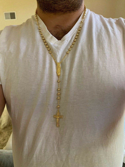 Men's Rosary Beads Necklace 14k Gold Over Vermeil 925 Sterling Silver Rosario Jesus Mary