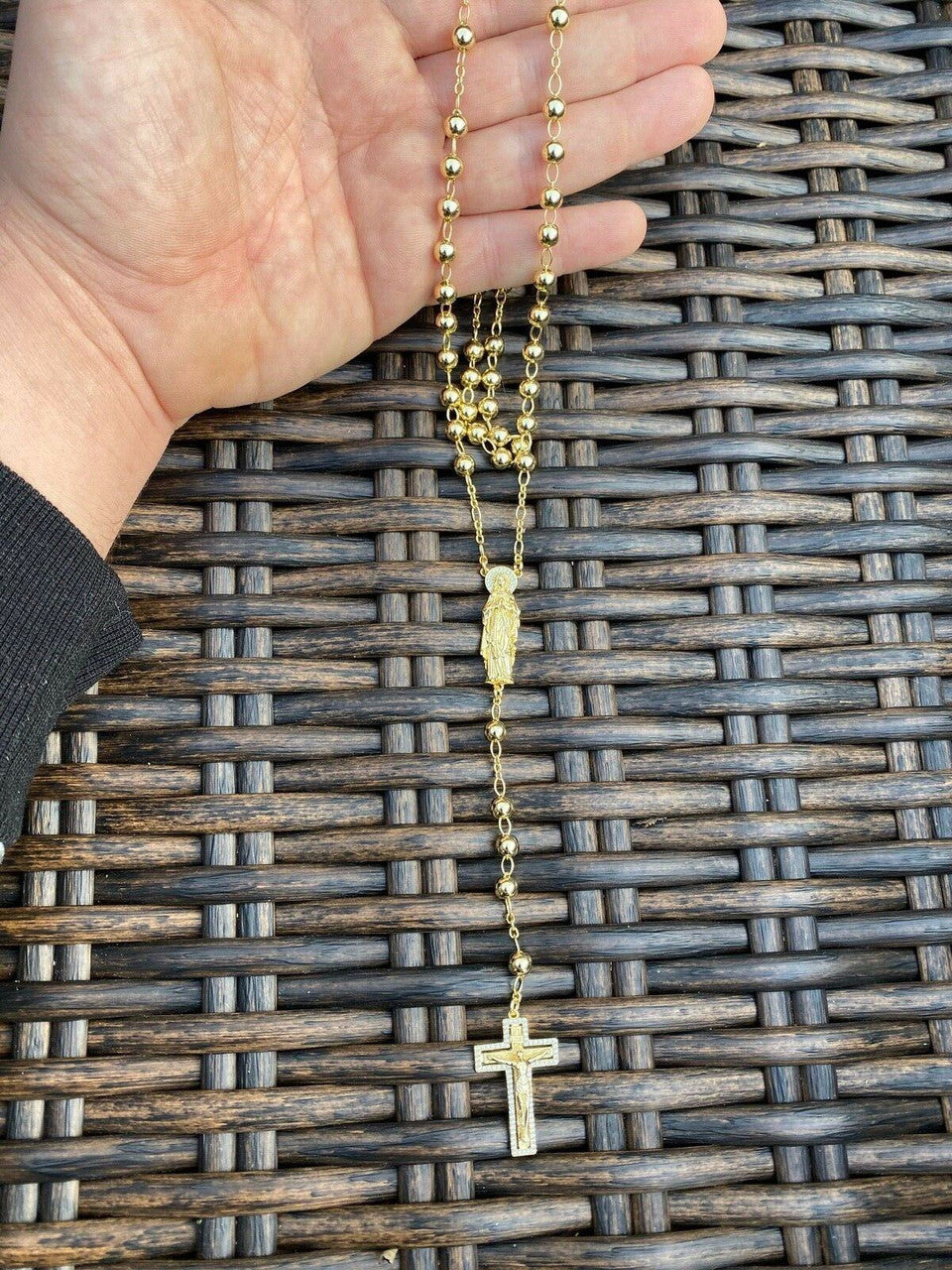 Men's Rosary Beads Necklace 14k Gold Over Vermeil 925 Sterling Silver Rosario Jesus Mary