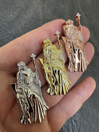 3D Santa Muerte MATTE Grim Reaper Death Charm W. AK47 925 ITALY Silver 14K Gold Bonded