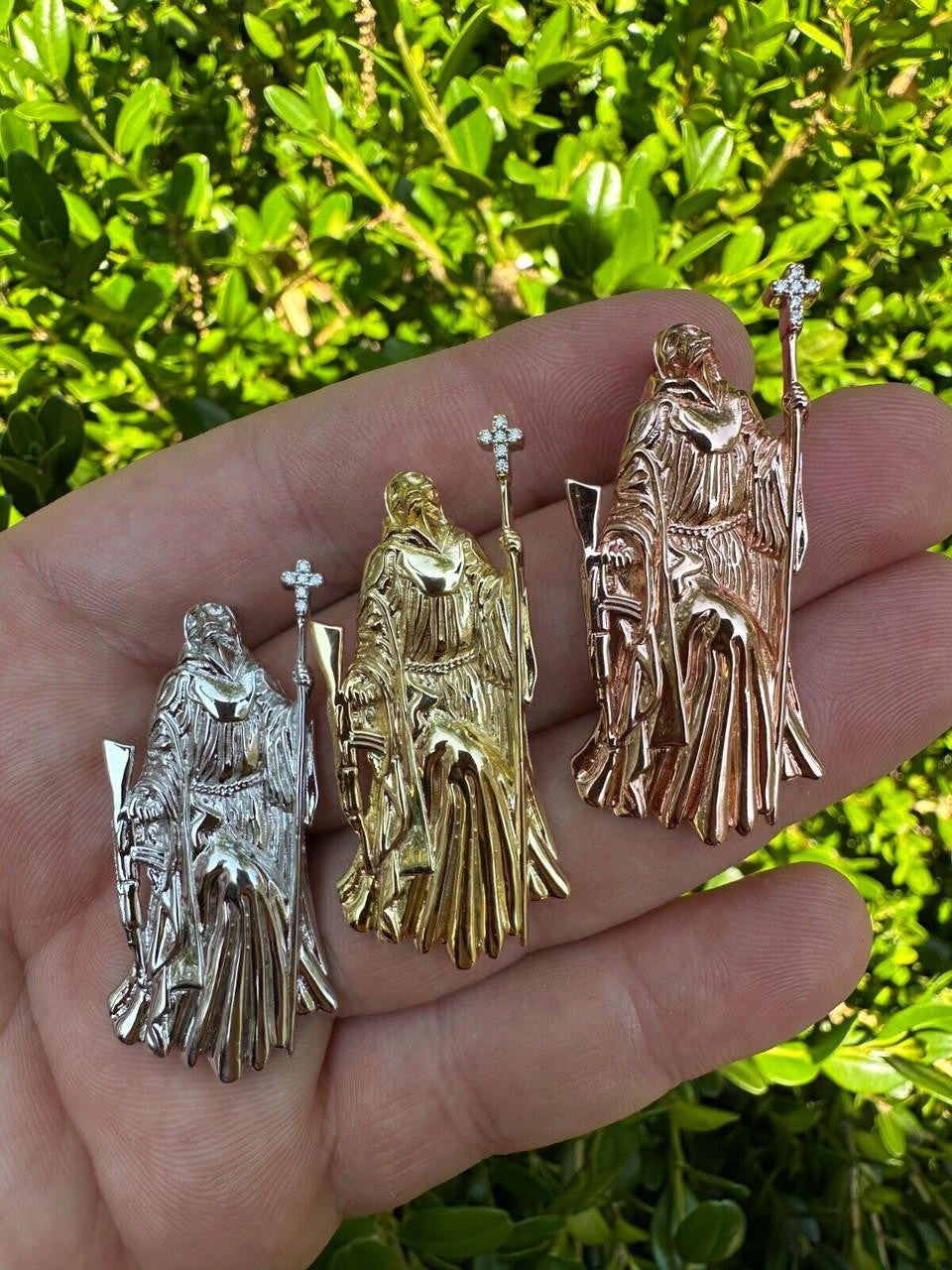 3D Santa Muerte MATTE Grim Reaper Death Charm W. AK47 925 ITALY Silver 14K Gold Bonded