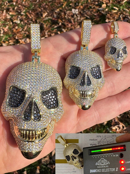 White & Black Diamond Iced out Moissanite Skull Pendant 3d 925 Sterling Silver Necklace Hip Hop Jewelry