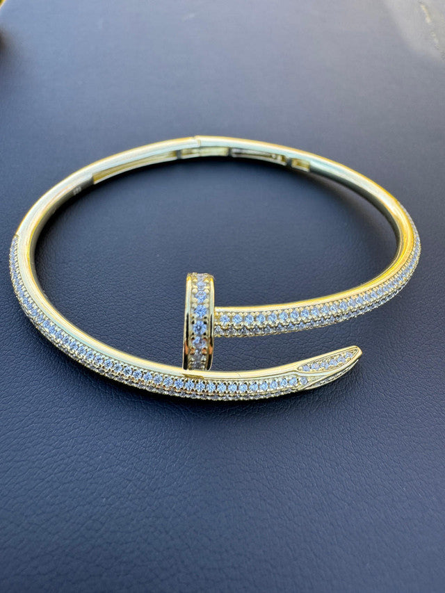 Real 14K Gold Over 925 Silver Iced CZ Nail Bangle Bracelet 6-7.5" Mens Ladies