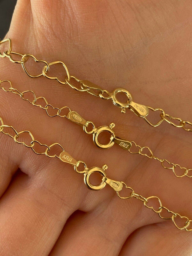 Real 14k Gold Over Solid 925 Sterling Silver Paperclip Heart Link Chain Necklace
