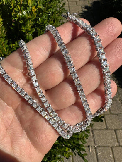 REAL 3mm MOISSANITE Princess Cut Square Tennis Chain Necklace 925 Silver Hip Hop