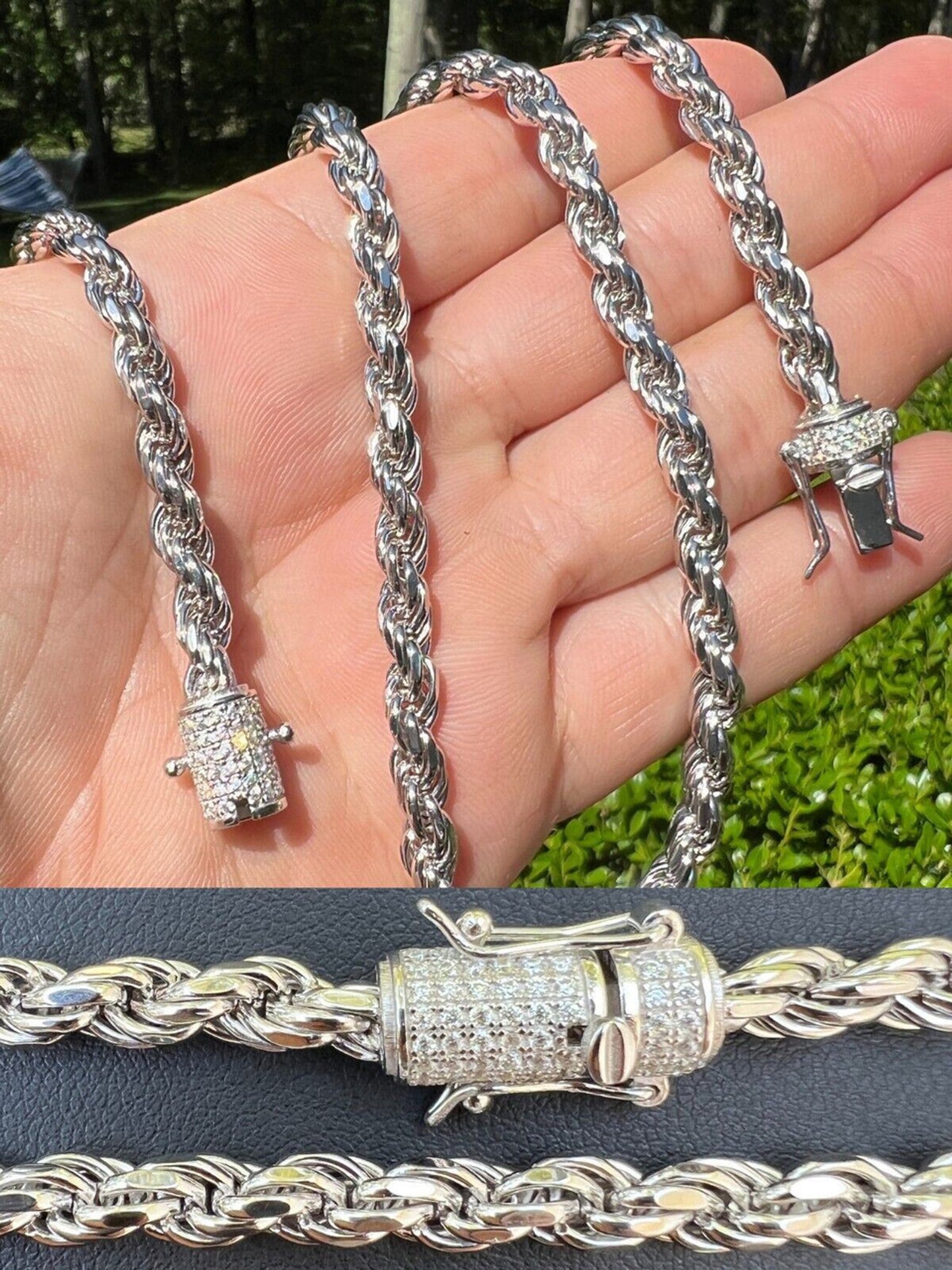6mm Rope Chain Necklace Solid 925 Sterling Silver Iced 1ct MOISSANITE Lock