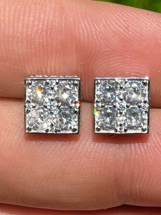 Real 925 Silver Iced Square Cube Diamond Hip Hop Earrings Studs Large 10mm Men's