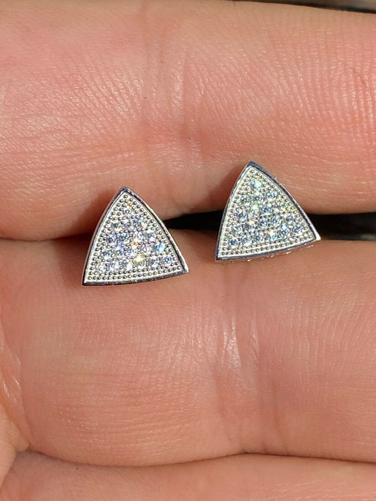 Real 925 Silver Iced Triangle Diamond Hip Hop Earrings Studs 10mm Mens Ladies