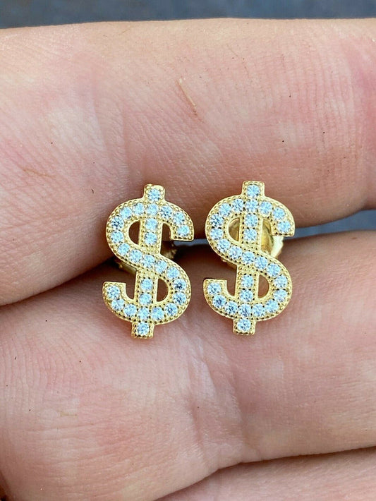 Real 925 Sterling Silver 14k Gold Men Ladies Dollar Sign $ Earrings Studs Iced