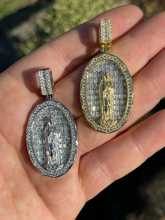 Real 925 Sterling Silver & 14k Gold - Virgin Mary Necklace Iced Baguette Pendant