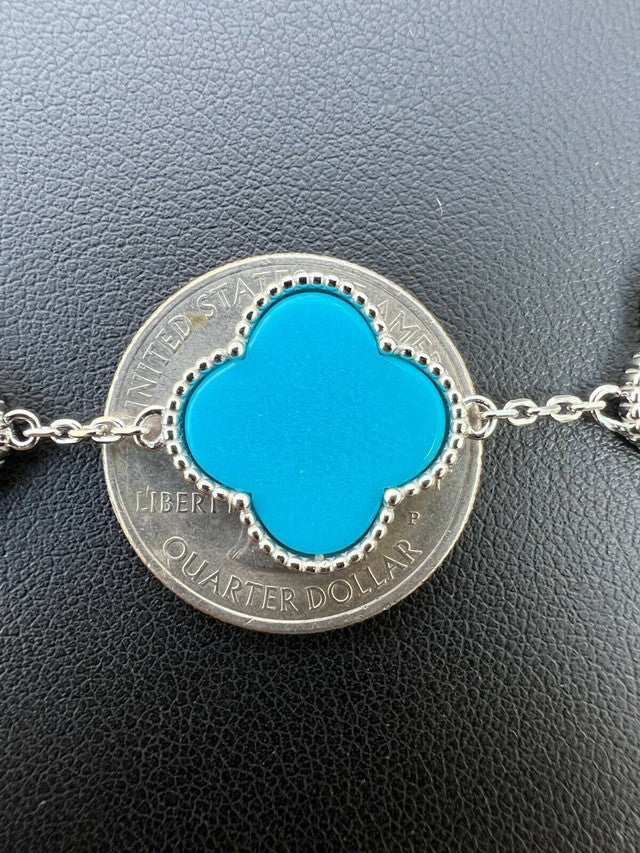 Real 925 Sterling Silver Blue Turquoise Four Leaf Clover Flower Bracelet 6-7.5"