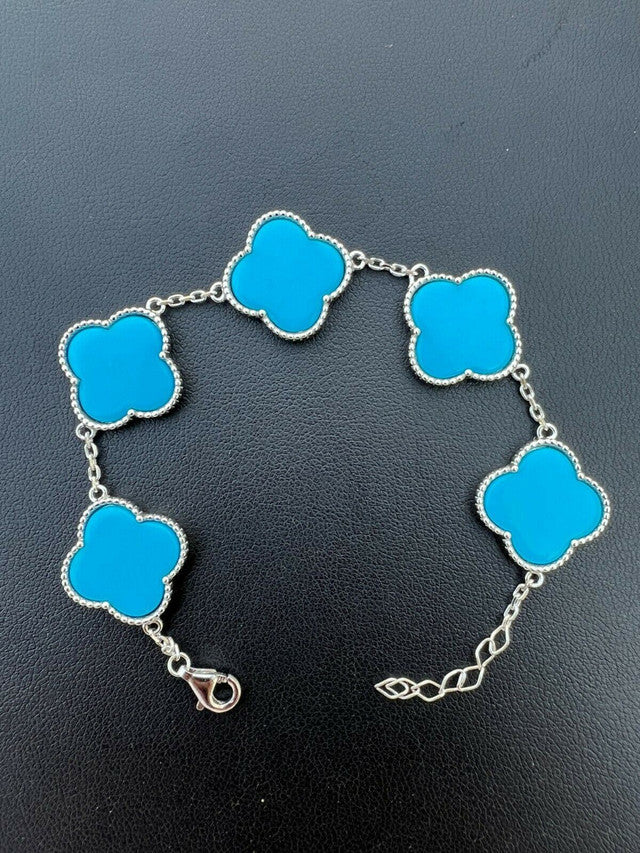 Real 925 Sterling Silver Blue Turquoise Four Leaf Clover Flower Bracelet 6-7.5"