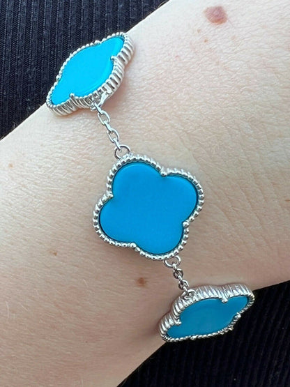 Real 925 Sterling Silver Blue Turquoise Four Leaf Clover Flower Bracelet 6-7.5"