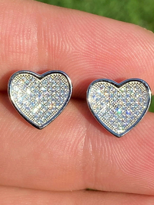 Real 925 Sterling Silver Heart Shaped Earrings Large Diamond Studs Iced Hip Hop