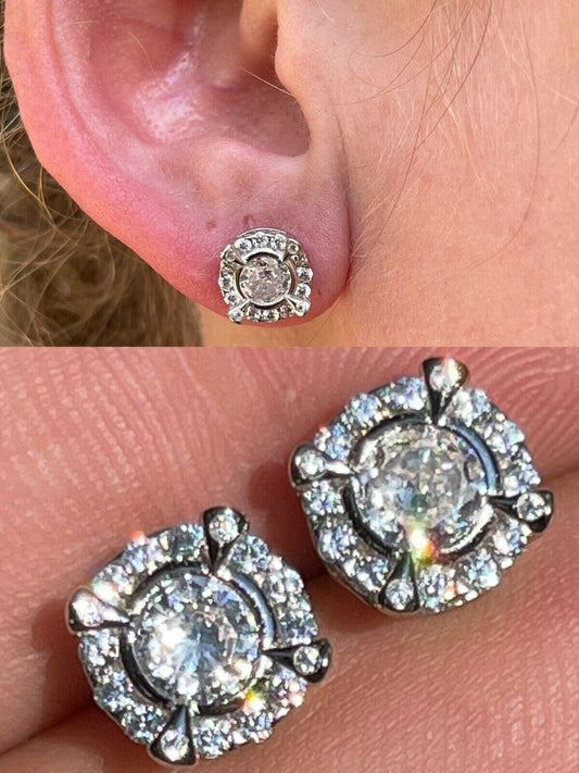 Real 925 Sterling Silver Iced CZ Out Hip Hop Earrings Studs Mens Ladies $99 MSRP