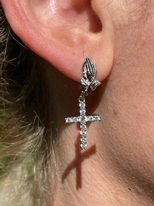 Real 925 Sterling Silver Men Ladies Praying Hands W. Iced Cross Dangle Earrings