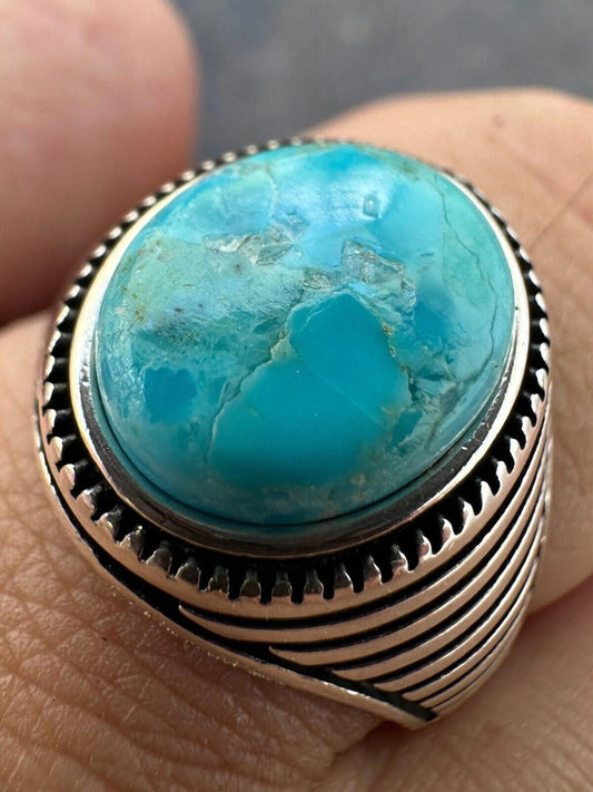 Real Blue Turquoise Gemstone Mens Real Solid 925 Sterling Silver Signet Ring