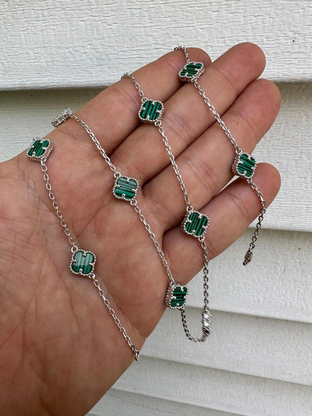 Real Clover Green Malachite Stone Flower 14-24inch Necklace Or Bracelet 925 Silver