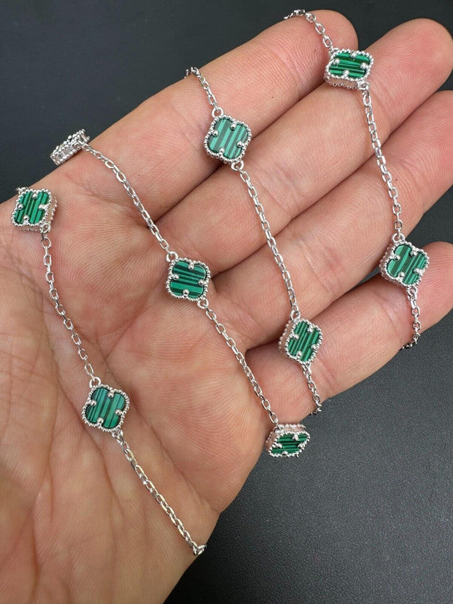 Real Clover Green Malachite Stone Flower 14-24inch Necklace Or Bracelet 925 Silver