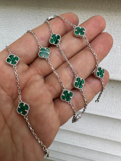 Real Clover Green Malachite Stone Flower 14-24inch Necklace Or Bracelet 925 Silver