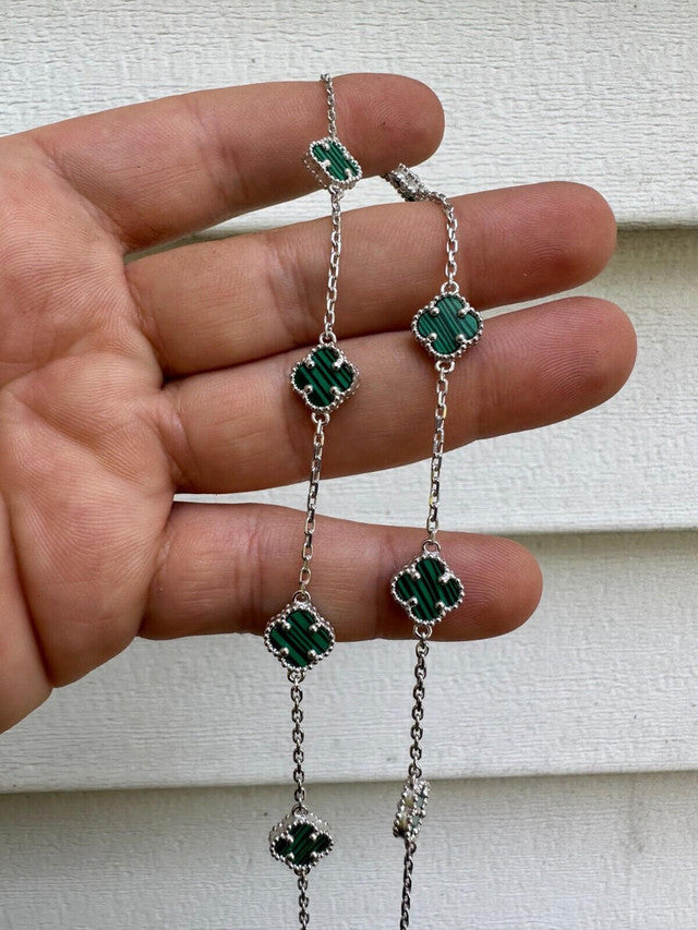 Real Clover Green Malachite Stone Flower 14-24inch Necklace Or Bracelet 925 Silver