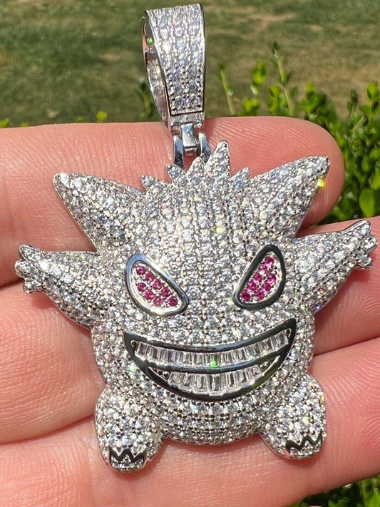 Real Iced CZ Hip Hop 925 Sterling Silver Gengar Pokemon Pendant Necklace Mens