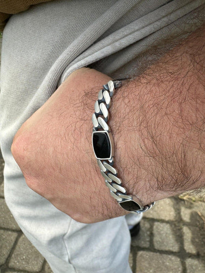 Real Mens Miami Cuban Link Bracelet W. Black Onyx Gemstone 925 Sterling Silver