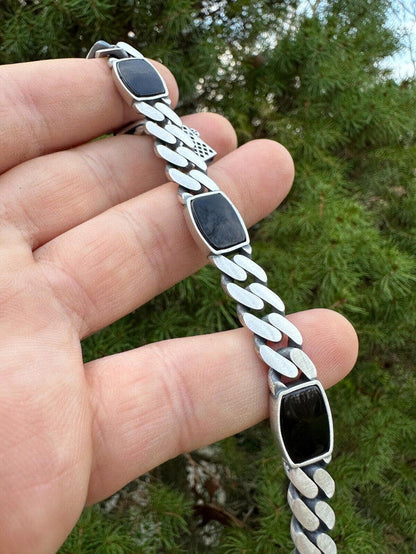 Real Mens Miami Cuban Link Bracelet W. Black Onyx Gemstone 925 Sterling Silver