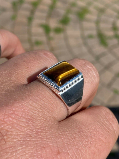 Real Mens Solid 925 Sterling Silver Tiger's Eye Signet Ring Sz 7 8 9 10 11 12 13