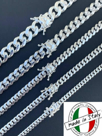 Miami Cuban Link Chain Necklace Box Clasp White Gold Over Real 925 Silver ITALY (4mm-10.5mm)