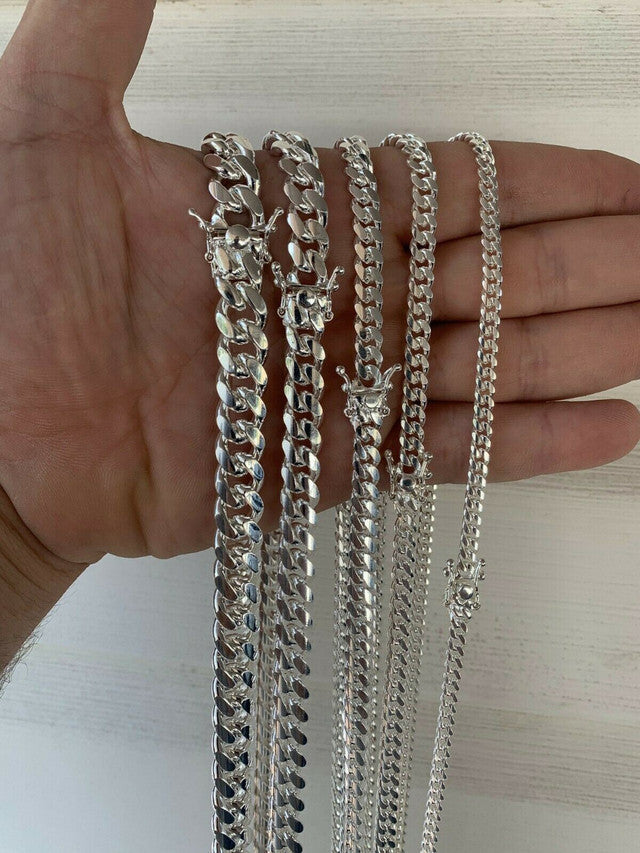 Miami Cuban Link Chain Necklace Box Clasp White Gold Over Real 925 Silver ITALY (4mm-10.5mm)