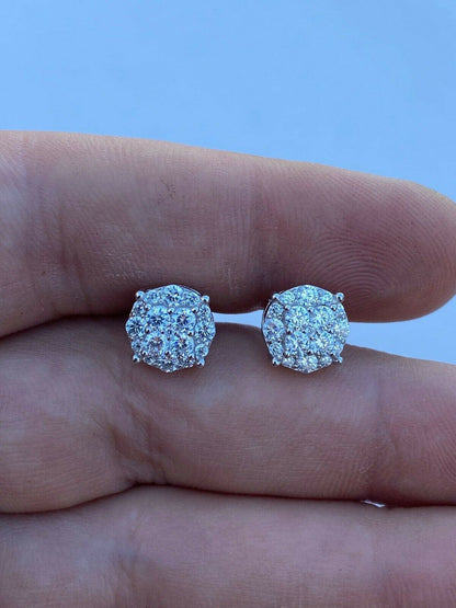 Real MOISSANITE Iced Hip Hop Mens Earrings Cluster Round Studs Pass Diamond Test