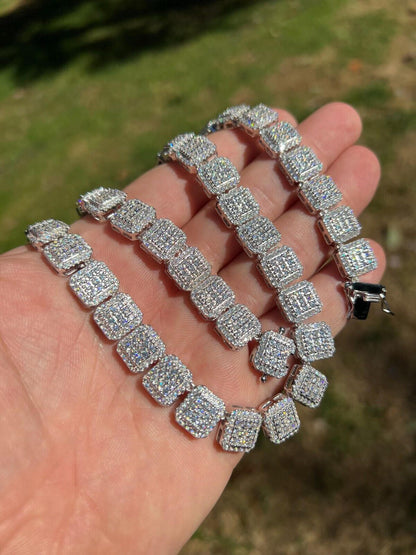 11mm White Gold Diamond Square Tennis Link Chain Vvs Moissanite 925 Sterling Silver Necklace