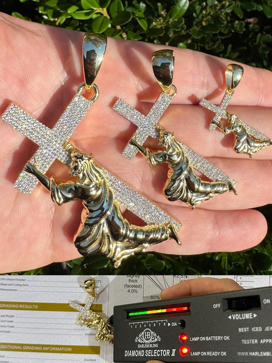 Real MOISSANITE Jesus Carrying Cross Pendant Iced Necklace 14k Gold & 925 Silver